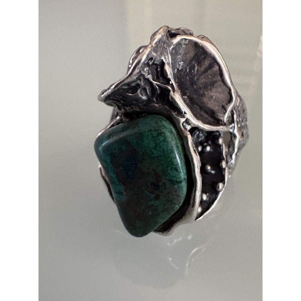 VTG Sterling Silver Ring Green Turquoise Brutalist Ring 6.5 Adjustable Artisan